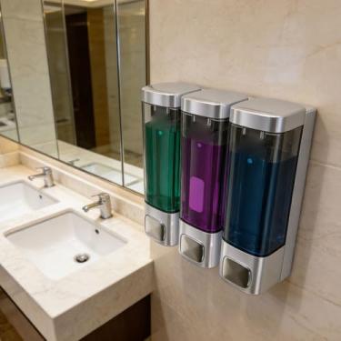 Imagem de Fafeicy Dispensador de Sabão Manual, Botão Grande e Fácil de Pressionar 320ml X 3 Com Tiras Adesivas Porta-chaves para Banheiro e Cozinha