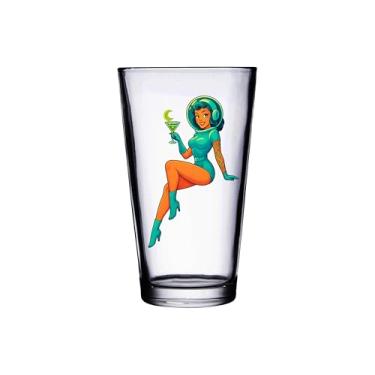 Imagem de Hat Shark Copo de cerveja sexy Pin-Up Girl Lady, vidro transparente, 473 ml, 100% seguro para lava-louças, tema retrô vintage (Sexy Space Lady w/Martini Pin-Up)