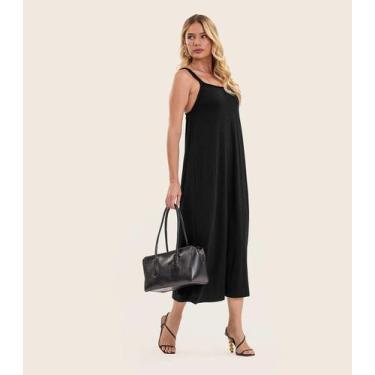 Imagem de Vestido Midi de Alça em Visco Maquinetada Endless Preto, GG, Preto