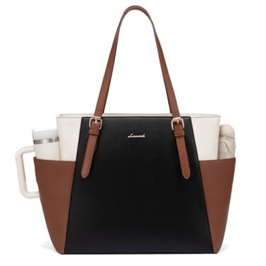 Imagem de LOVEVOOK Bolsa feminina para laptop com suporte de copo grande, bolsa de trabalho de couro para mulheres, pasta de computador profissional de 15,6 polegadas, bolsa de ombro para professores de