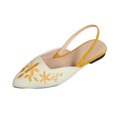 Imagem de Sandálias femininas bordadas com bico fechado com bico fino e sola plana, design elegante, Amarelo, 34