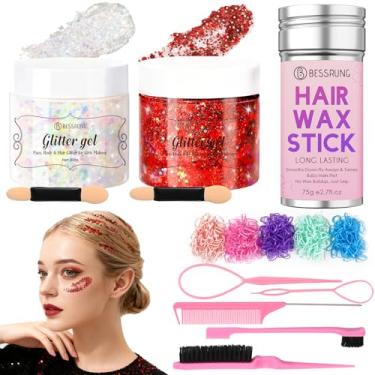 Imagem de Kit de acessórios de cabelo com glitter de cabelo para mulheres e meninas, gel com glitter vermelho prateado para maquiagem, bastão de cera de cabelo, 500 peças de elástico de cabelo infantil, kit de
