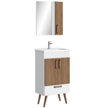 Imagem de Conjunto Banheiro Gabinete Com Pés 50cm Lavatório e Armário Allegra B06 Branco Carvalho - Lyam Decor