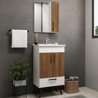 Imagem de Conjunto Banheiro Gabinete Com Pés 50cm Lavatório e Armário Allegra B06 Branco Carvalho - Lyam Decor