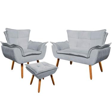 Imagem de Conjunto Poltrona Puff e Namoradeira Pés Palito Charger Suede Cinza - Gran Belo