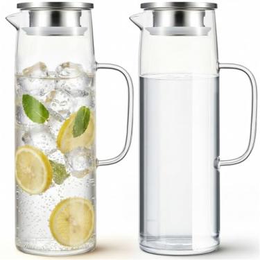 Imagem de Hsei 2 conjuntos de jarra de vidro com tampa, jarra de água de 1500 ml com alças para bebidas quentes e frias, jarro de vidro para chá, suco, leite, café, bebida gelada