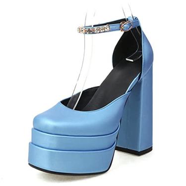 Imagem de Sapatos femininos salto alto salto alto Mary Jane sapatos sociais sapatos sociais fivela no tornozelo e sapatos quadrados de bico fino 34-43,Blue,1 UK/34 EU