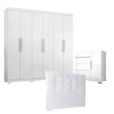 Imagem de Guarda Roupa Casal 6000 e Cômoda 8000 com Pés Reto News e Cabeceira Luiza 140 cm Branco - Araplac 