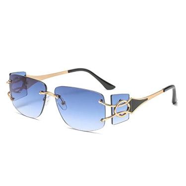 Imagem de Óculos de sol quadrado sem aro de diamante corte fashion para homens vintage liga de perna larga óculos de sol feminino tons, azul dourado, com estojo