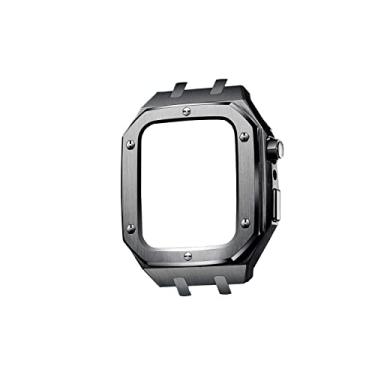 Imagem de KANUZ Kit de modificação Pulseira de caixa de metal para Apple Watch Série 8 45mm Série 7 45mm Correa iWatch Band 44mm Pulseira de borracha Fecho de pulseira (Cor: Capa preta 45MM)