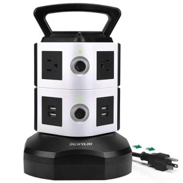 Imagem de JACKYLED Protetor contra surtos de torre de régua elétrica, 6 saídas CA, cabo de extensão de 2 m com 4 portas USB, estação de carregamento de mesa de 3000W 13A, teste UL, listado na ETL, preto e