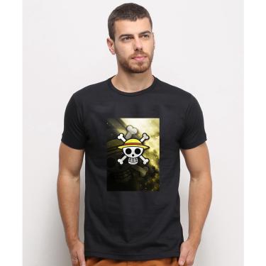 Imagem de Camiseta masculina Preta algodao Caveira Pirata Chapeu De Palha Art