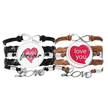 Imagem de Pulseira de mão com cordão de couro para o Dia dos Namorados Rosa Coração I Love Conjunto duplo