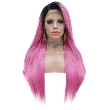 Imagem de Peruca rosa raiz preta lisa sintética lace frontal peruca peruca de cabelo peruca de fibra resistente ao calor