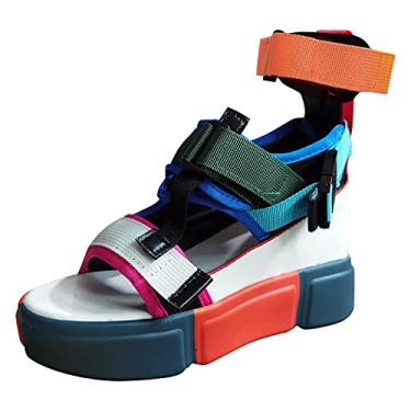 Imagem de Sandália plataforma feminina anabela com tira aberta nos tornozelos sandálias casuais com bico plataforma em bloco de cores (multicolorido, 36)