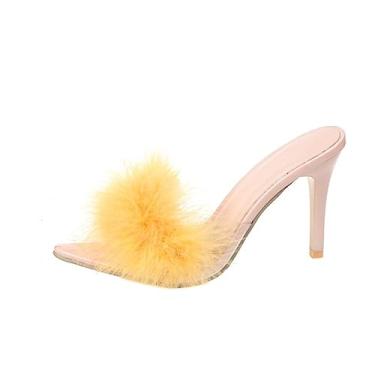 Imagem de ZIRIA Chinelos femininos de penas de salto alto de pele de PVC sandálias femininas sapatos de salto alto sandálias femininas sapatos de salto alto branco rosa preto, Amarelo, 38