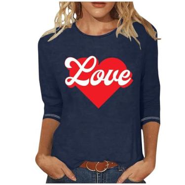 Imagem de Camisetas femininas com estampa de coração de três quartos para meninas e mulheres Cruise Cute Spring Tops para mulheres, Blusas femininas de manga 3/4 azul, GG