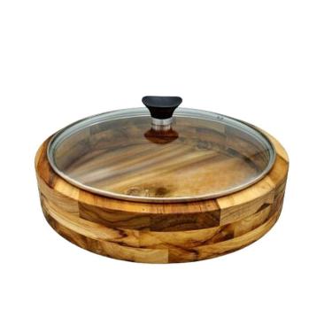 Imagem de Gamela Redonda Em Madeira Teca Com Borda Alta e Tampa Vidro