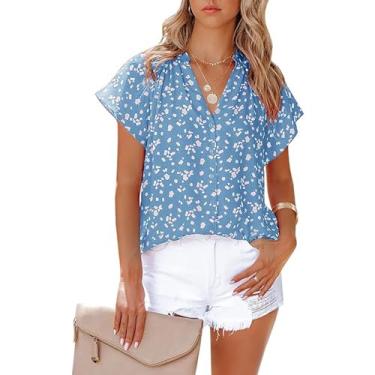 Imagem de Camisas casuais femininas Boho estampa floral manga curta cardigã tops meio botão para baixo decote em V blusas de chiffon, Azul, P