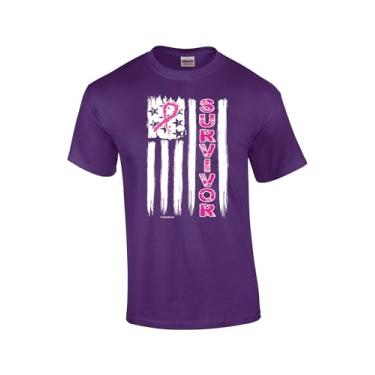 Imagem de Camiseta unissex estampada de manga curta com bandeira americana esfarrapada inspiradora de sobrevivente do câncer de mama com fita rosa, Roxa, G