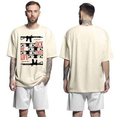 Imagem de Camisa Camiseta Oversized Streetwear Genuine Grit Masculina Larga 100% Algodão 30.1 Sick Of This Life - Bege - GG