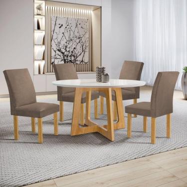 Imagem de Conjunto Mesa Arizona 120cm com 4 Cadeiras Canela Tampo Redondo Plus com Vidro Cinamomo/Off White/Bege Escuro