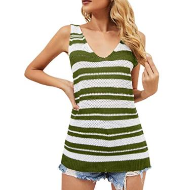 Imagem de Camiseta regata feminina tricotada estampada para sair, camiseta sexy de verão sem mangas, blusa floral, colete de festa, Verde, P