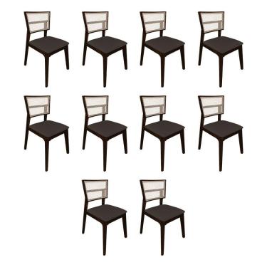 Imagem de Kit 10 Cadeiras de Jantar Manuela em Tela Assento Veludo Marrom Base em Madeira Maciça - Castanho