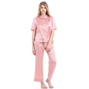 Imagem de YTPTPST Conjunto De Pijama Feminino De Seda Amoreira, 2 PeçAs, Gola De Lapela, Camisa De Noite Com CalçAs, Roupa De Dormir De Luxo,Pink,M