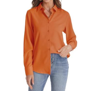 Imagem de J.VER Camisa feminina de botão manga longa sem rugas leve de chiffon sólido blusa de trabalho, Laranja, M