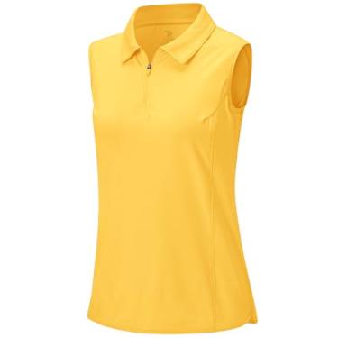Imagem de BGOWATU Camisetas polo femininas de golfe sem mangas com zíper 1/4 com gola proteção UV secagem rápida, Amarelo, PP