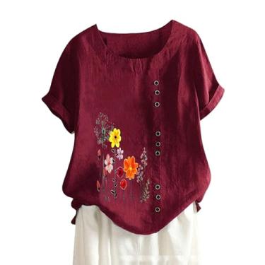 Imagem de Camisetas femininas de linho, estampa floral, manga curta, gola redonda, botão, camiseta de férias de verão, Vinho, M