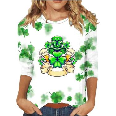 Imagem de Camiseta feminina do Dia de São Patrício com estampa de trevo da sorte irlandesa, túnica verde, casual, manga 3/4, Bege, M