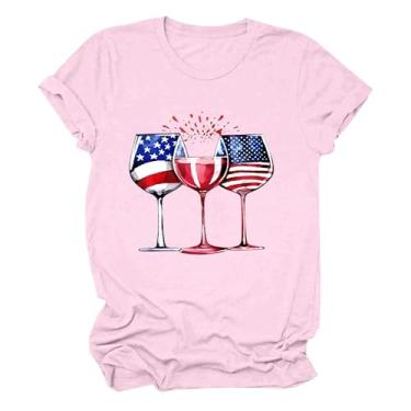 Imagem de Camisetas femininas do Dia da Independência, 4 de julho, taças de vinho, estampadas, gola redonda, manga curta, rosa, G