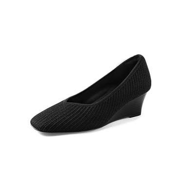 Imagem de Arromic Sapatos de cunha femininos bico quadrado salto baixo sapatos de cunha confortáveis com corte em V fechado salto salto anabela sapatos sociais para mulheres trabalho escritório casual diário elegante 5 cm, Preto, 11 Wide