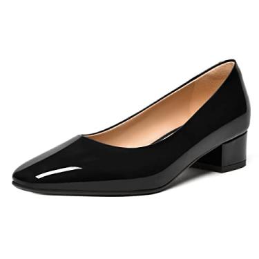 Imagem de FEMSTEP Sapato feminino casual de couro envernizado para escritório bico quadrado sem cadarço salto baixo grosso 3,5 cm, Preto, 40