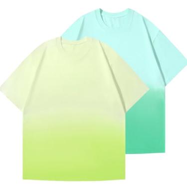 Imagem de Camisetas masculinas grandes de tingimento gradiente vintage algodão ajuste solto camiseta urbana manga curta camiseta básica tops, Verde esmeralda + amarelo, M