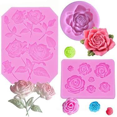 Imagem de Tvoip Conjunto de moldes de fondant de flores 3D 3D, moldes de silicone rosa para fabricação de sabão de vela, decoração de sobremesa de bolo feito à mão, molde de gelo, chocolate, cupcake, doces,
