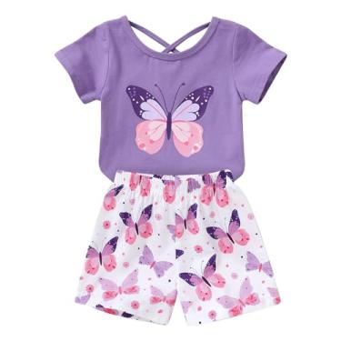 Imagem de YOUNGER TREE Camiseta infantil para bebês meninas com estampa de melancia + shorts de linho com cinto bonito conjunto curto de verão, Roxo + borboleta, 4 Anos