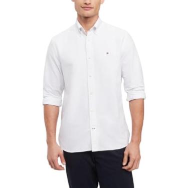 Imagem de Tommy Hilfiger Camisa masculina de manga comprida com botões Oxford em ajuste regular, Branco brilhante, GG