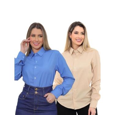 Imagem de Pthirillo, KIT Feminino 2 Peças - Camisa Social Premium Tipo Linho Bege e Camisa Social Slim Azul Tamanho:M