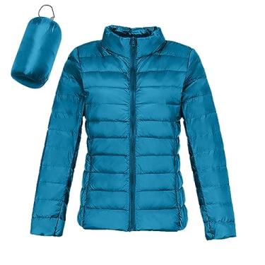 Imagem de Jaqueta feminina acolchoada embalável, leve, curta, de inverno, moderno, slim fit, com capuz, jaqueta acolchoada leve, Azul - C, XXG