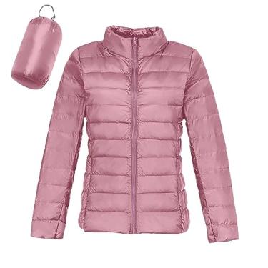 Imagem de Jaqueta feminina acolchoada embalável, leve, curta, de inverno, moderno, slim fit, jaqueta acolchoada leve com capuz, 3 - Rosa, M