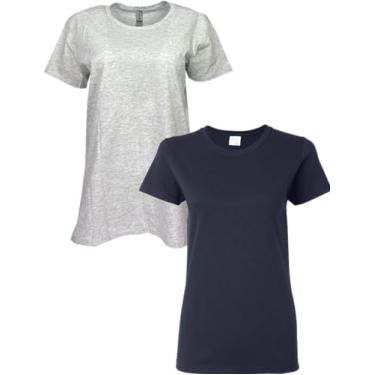 Imagem de Gildan Camiseta feminina de algodão pesado, estilo G5000L, pacote com 2, Cinza/Azul-marinho, GG
