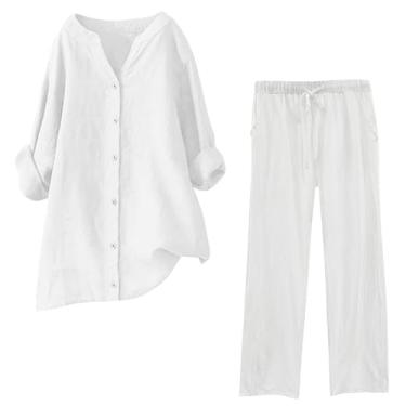 Imagem de Lainuyoah Conjunto feminino plus size, calça de linho de manga comprida, conjunto de 2 peças combinando com blusas elegantes, A - Branco, 3X-Large