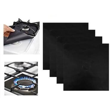 Imagem de Pacote com 4 protetores de fogão a gás, tampas de fogão de 0,2 mm de espessura para queimadores a gás, protetor de fogão antiaderente capa de forro reutilizável lavável na lava-louças tamanho 27 cm x 27 cm (preto)