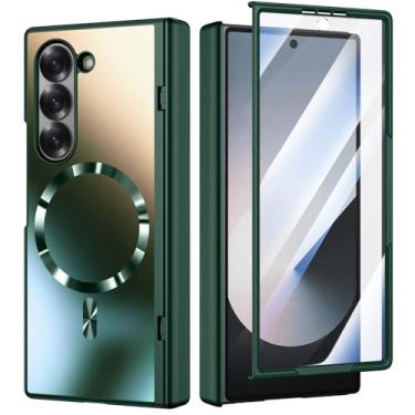 Imagem de MAKAVO Capa magnética para Samsung Galaxy Z Fold 6, compatível com MagSafe, com protetor de tela integrado e proteção de dobradiça, capa para celular Fold6 de grau militar 360 à prova de choque, verde