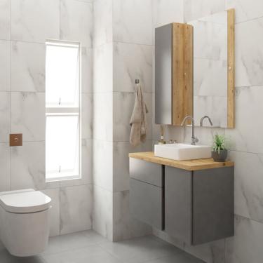 Imagem de Conjunto para Banheiro Gabinete 80cm 1 Porta 2 Gavetas Castellon com Cuba e Espelheira Cinza