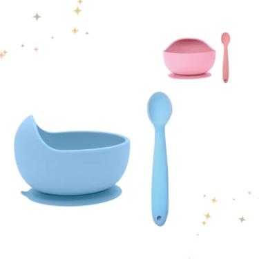 Imagem de Kit Bowl Com Ventosa e Colher Para Introdução Alimentar Para Bebe De Silicone Moderno e Luxuoso (Azul)