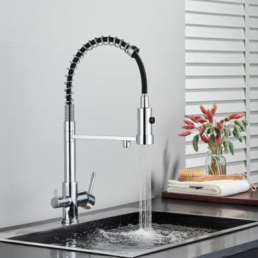 Imagem de Torneira de cozinha cromada com filtro, torneira de cozinha de água pura, alça dupla, torneiras misturadoras de cozinha purificadas, cromadas